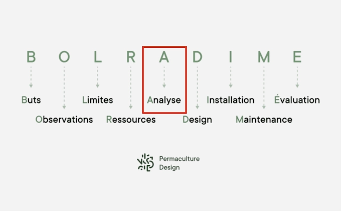 Illustration expliquant l'acronyme BOLRADIME utilisé pour synthétiser la méthodologie de design en permaculture avec focus sur l'analyse.