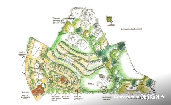 Exemple de dessin global d’un design de permaculture réalisé par notre bureau d’études il y a quelques années.
