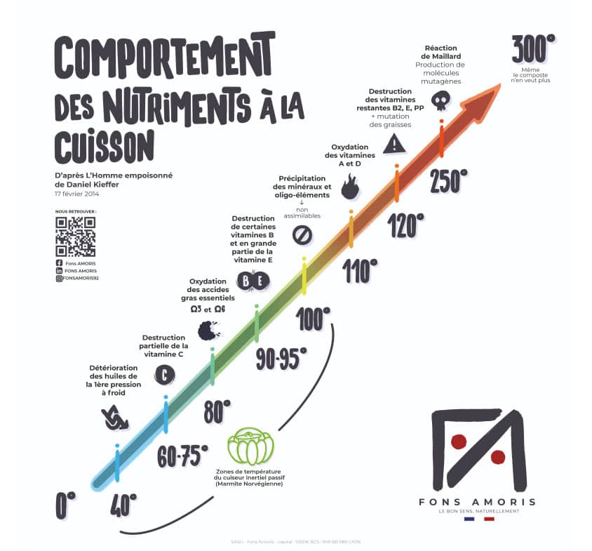 Illustration du comportement des nutriments dans les aliments selon les températures de cuisson.