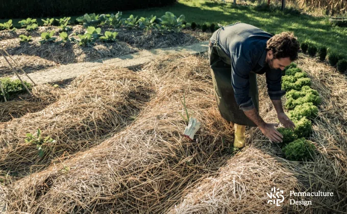 Paillage dans potager en permaculture.