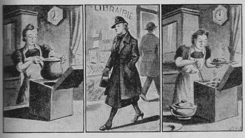 Illustration en noir et blanc de l’utilisation d’une marmite norvégienne, tirée d’un livre d’école primaire de 1938.