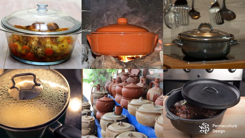 Différents types de plats qu’on peut utiliser dans une marmite norvégienne : cocotte en fonte, marmite en terre cuite, casserole en inox, plat en verre…